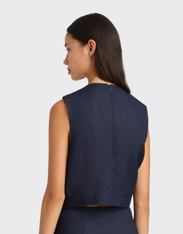 Bondi Born Navy Leiden Tie Front Top in lightweight linen