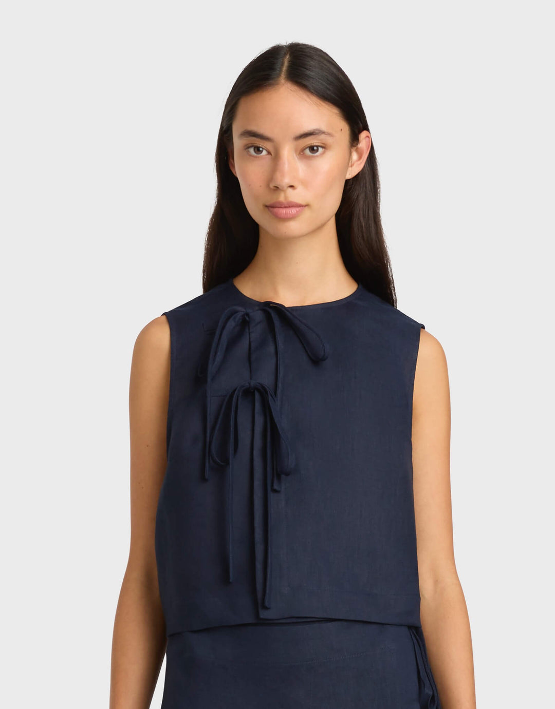 Bondi Born Navy Leiden Tie Front Top in lightweight linen
