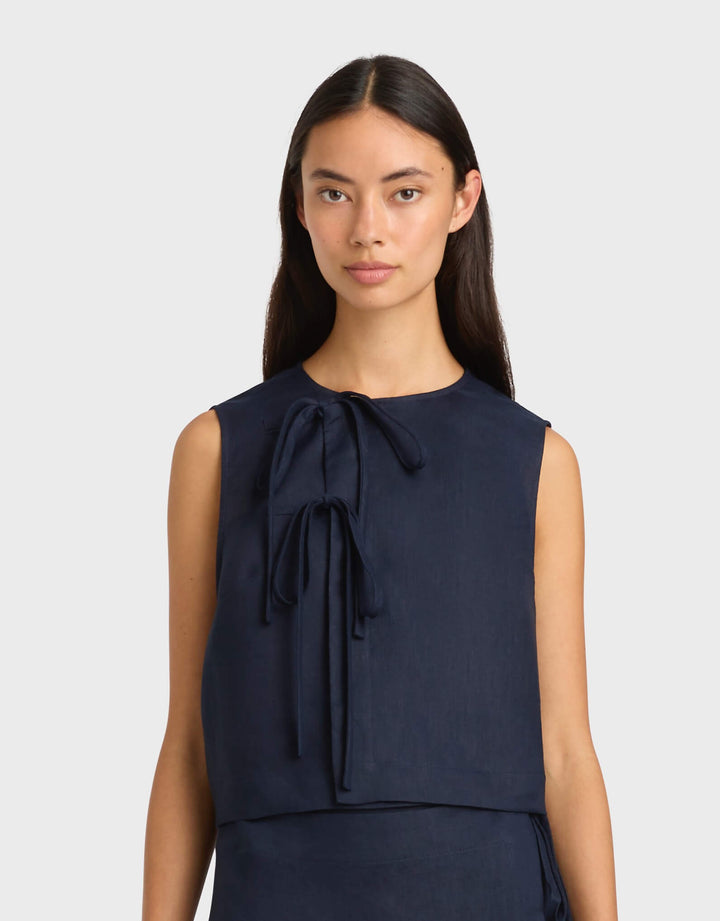 Bondi Born Navy Leiden Tie Front Top in lightweight linen