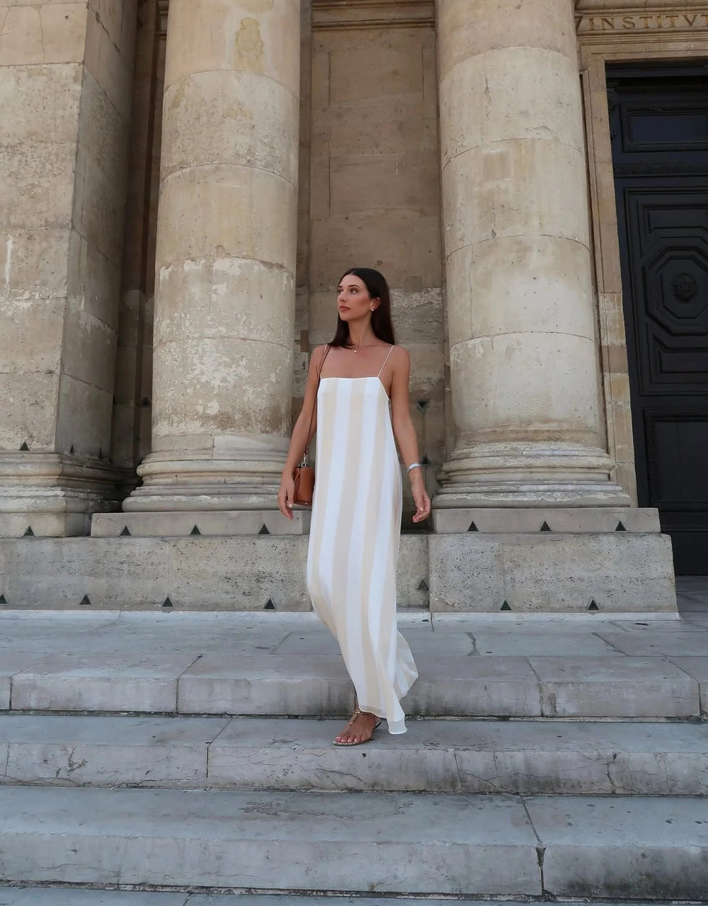 Bondi Born Capri Silk Chiffon Cami Dress in Ecru Stripe silk maxi dress
