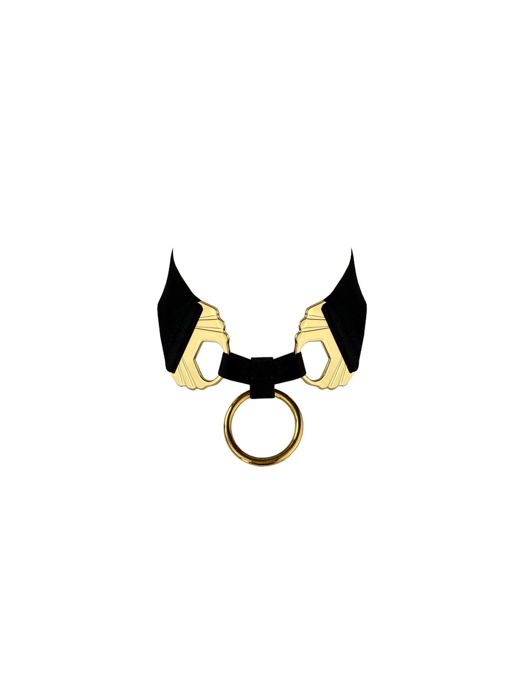 Bordelle Melusina Collar in black satin elastic with 24k gold-plated shells and O-ring – luxury lingerie accessory at Catriona