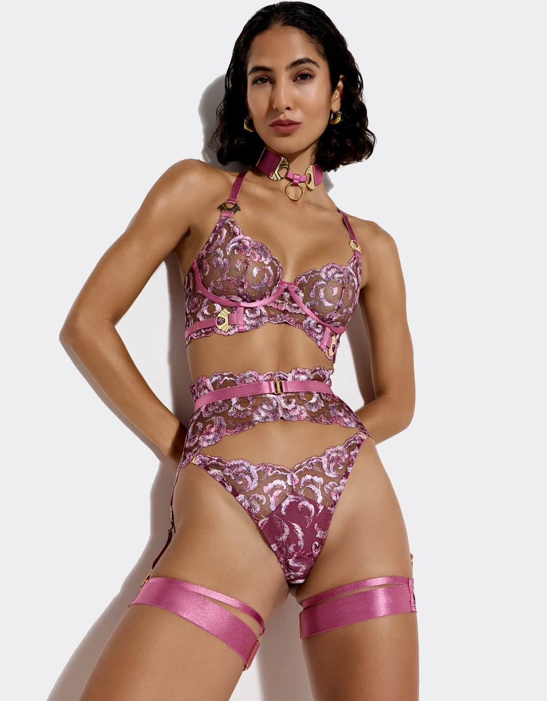 Bordelle Siren longline bra, suspender, thong, garters, collar in raspberry