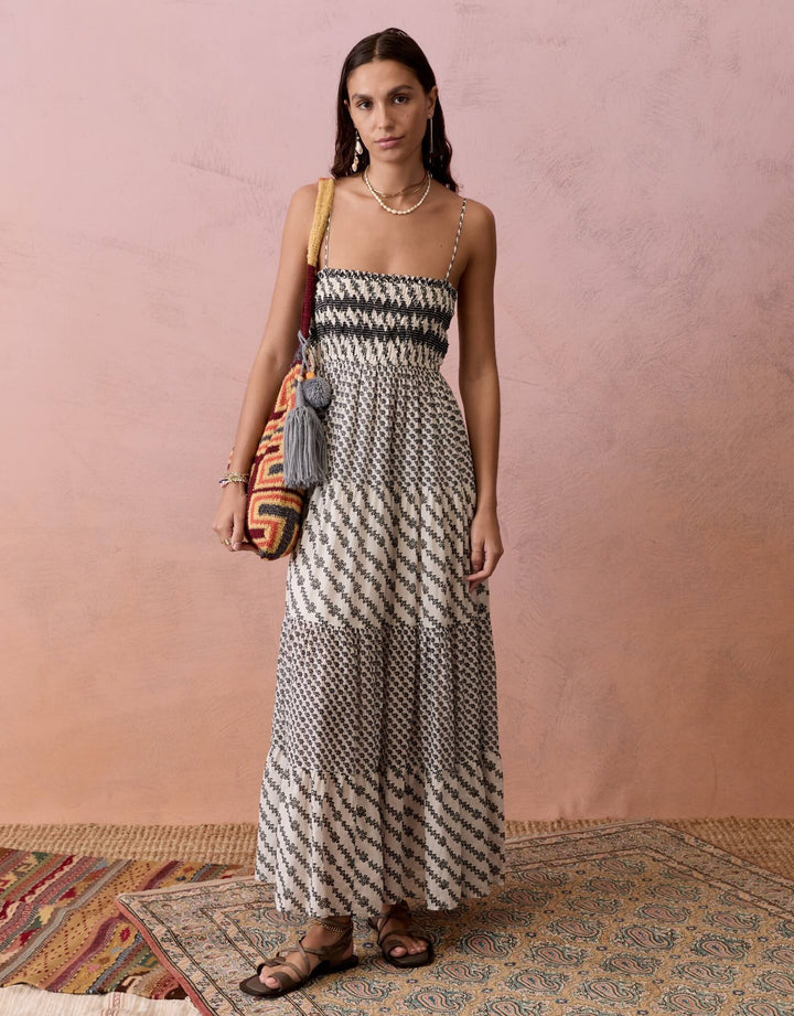 BOTEH Levante Shirred Maxi Dress in Pebble Black