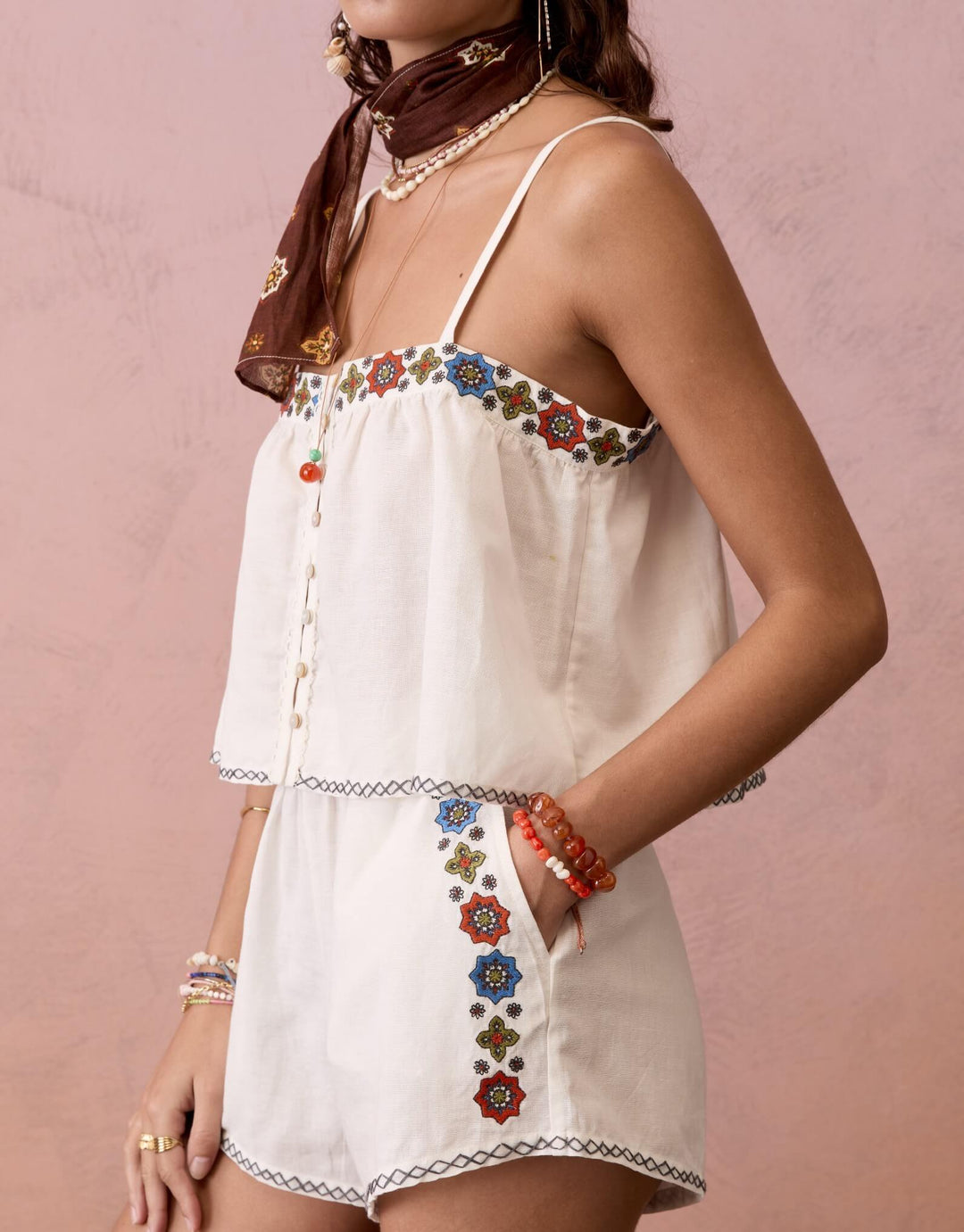 BOTEH Castela Embroidered Short tile-border embroidery detail in cerulean, terracotta and olive