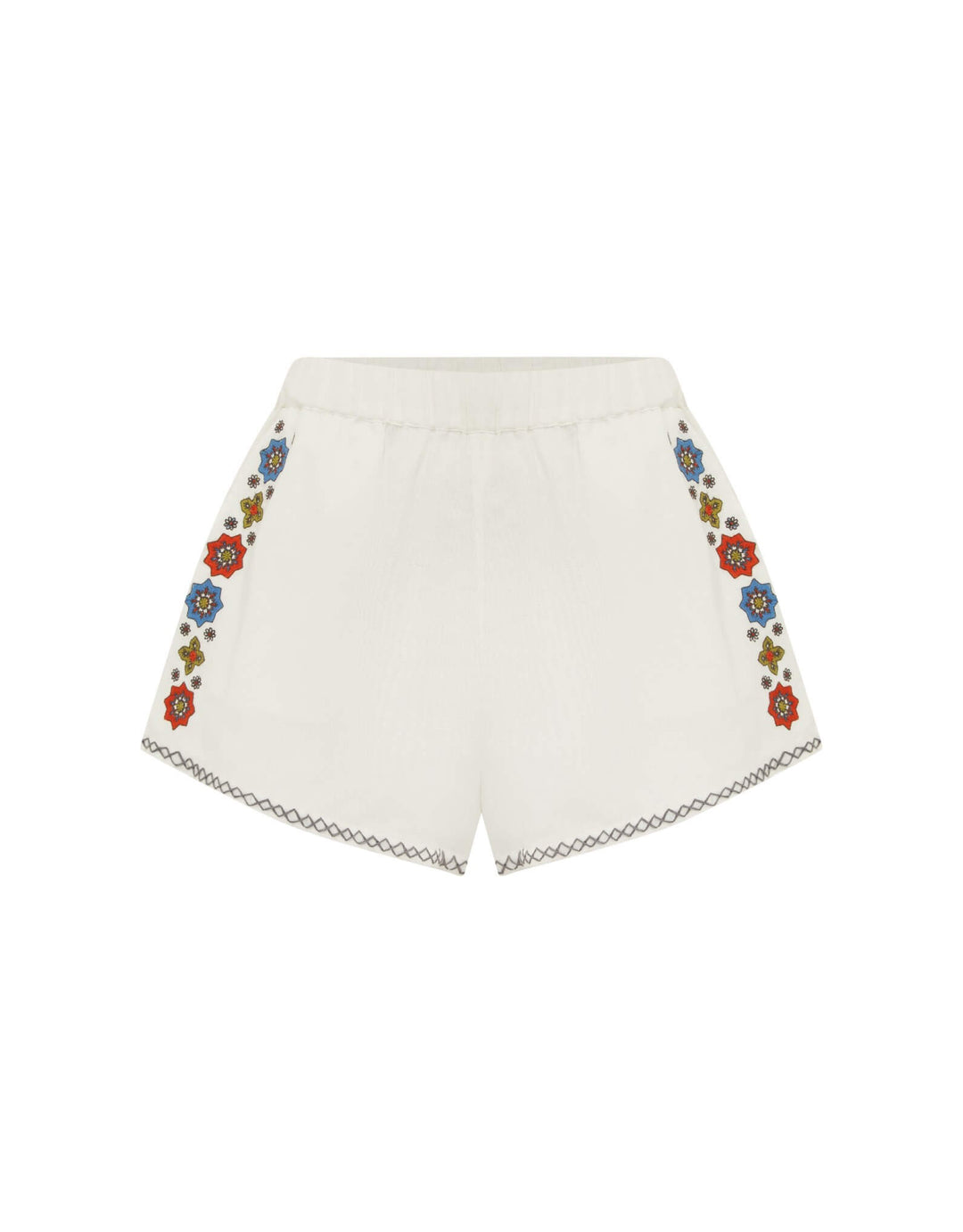 BOTEH Castela Embroidered Short tile-border embroidery detail in cerulean, terracotta and olive