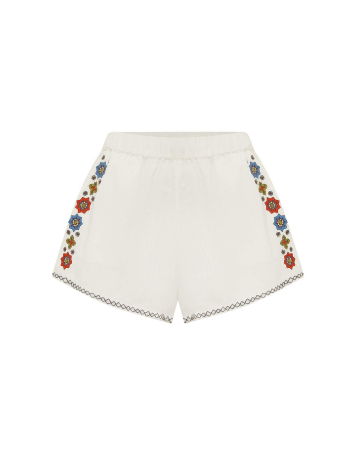 BOTEH Castela Embroidered Short tile-border embroidery detail in cerulean, terracotta and olive