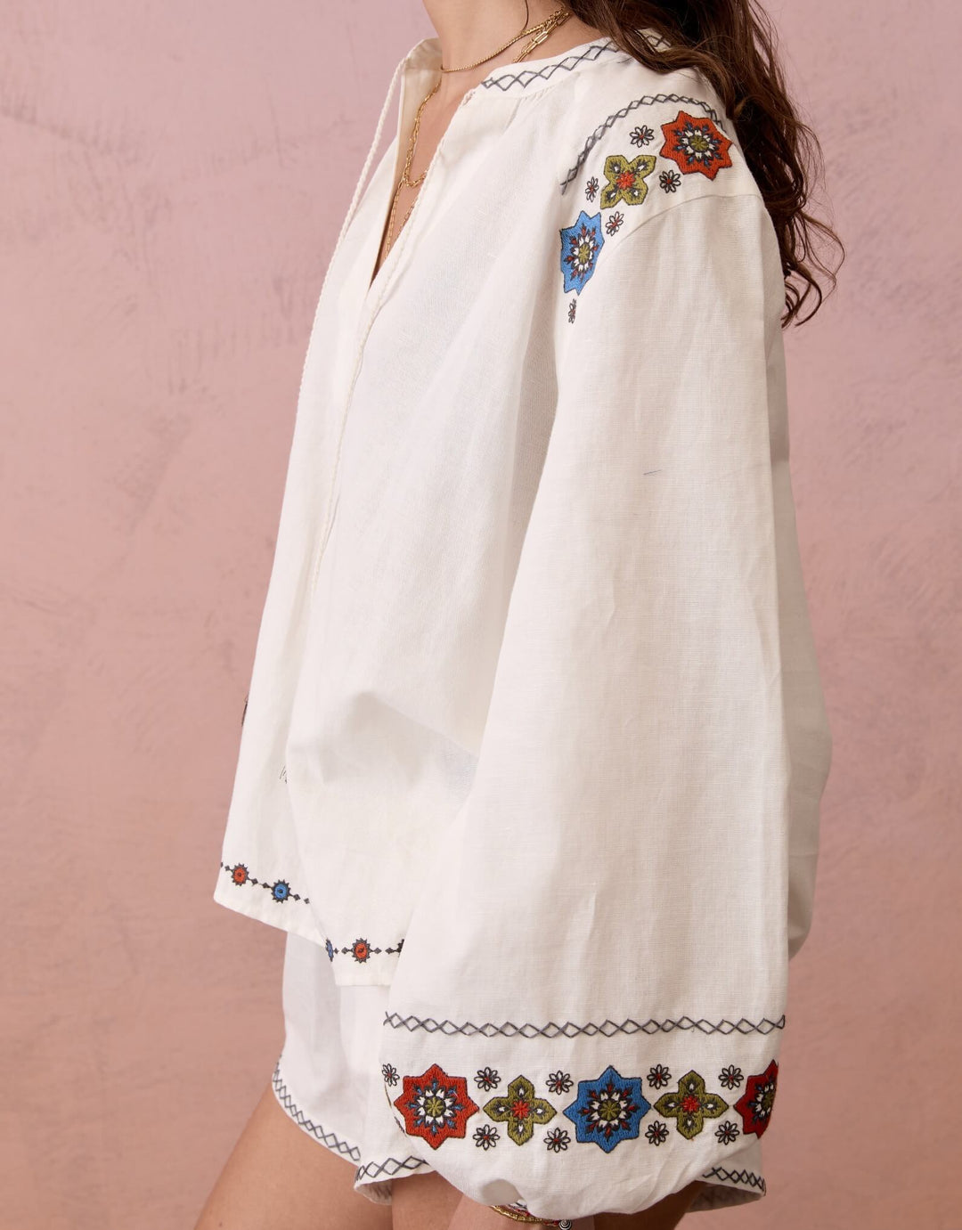 Castela Embroidered Smock Blouse in Cream White