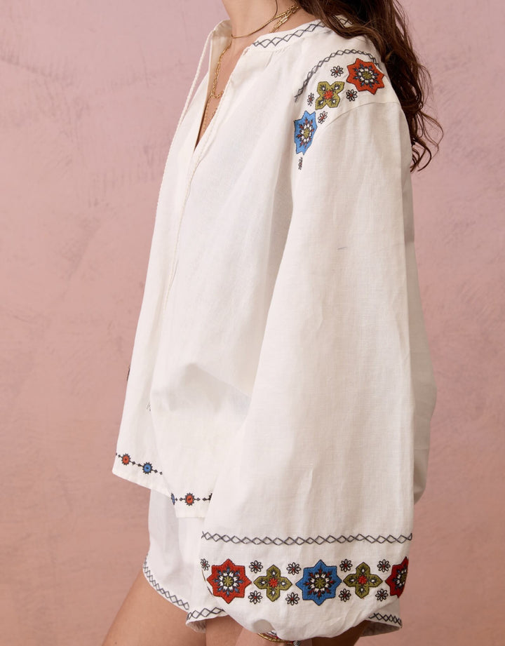 Castela Embroidered Smock Blouse in Cream White