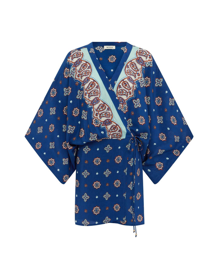 BOTEH Cerulea Silk Robe Dress in Zaffre Blue, 100% silk crêpe wrap mini dress with wide sleeves, ghost