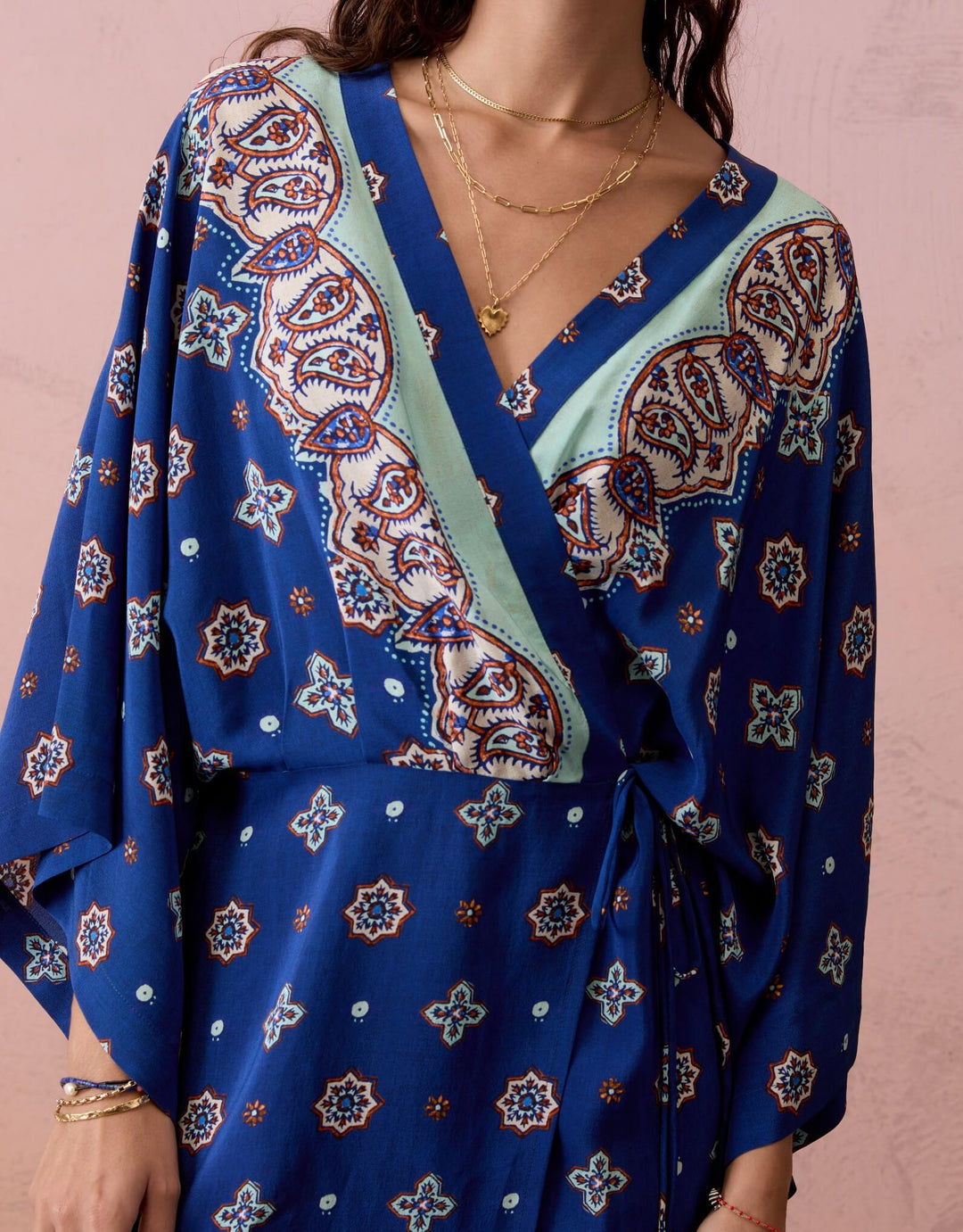 BOTEH Cerulea Silk Robe Dress in Zaffre Blue, 100% silk crêpe wrap mini dress with wide sleeves, detail