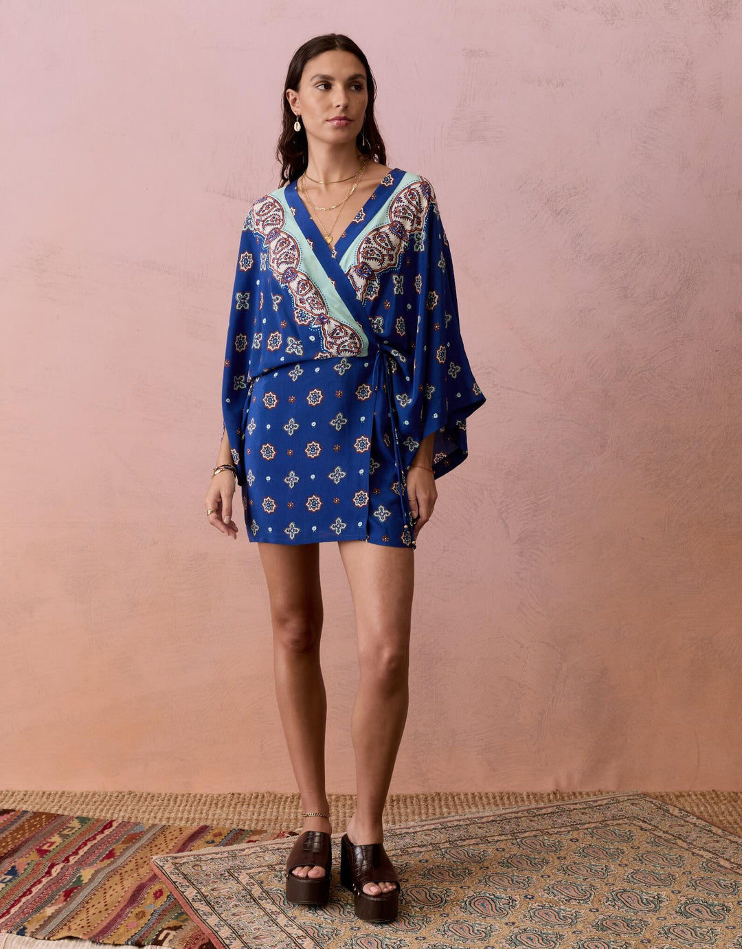 BOTEH Cerulea Silk Robe Dress in Zaffre Blue, 100% silk crêpe wrap mini dress with wide sleeves, front view