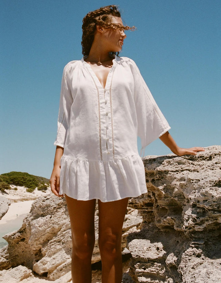 BOTEH La Ponche Frill Mini Dress in white cotton linen with ruffled hem