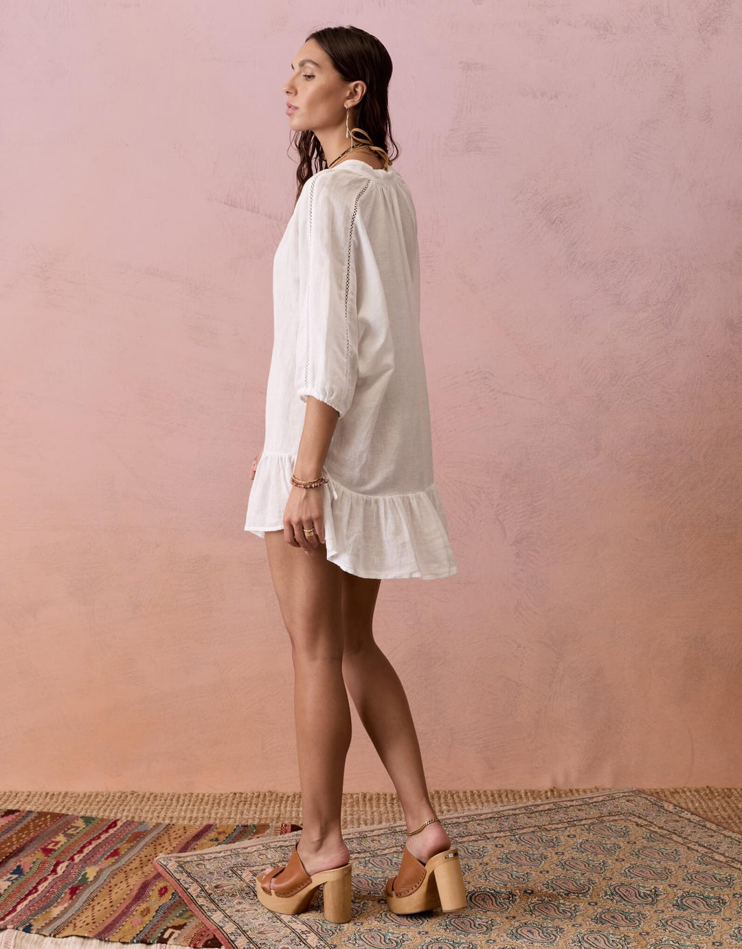 BOTEH La Ponche Frill Mini Dress in white cotton linen with ruffled hem