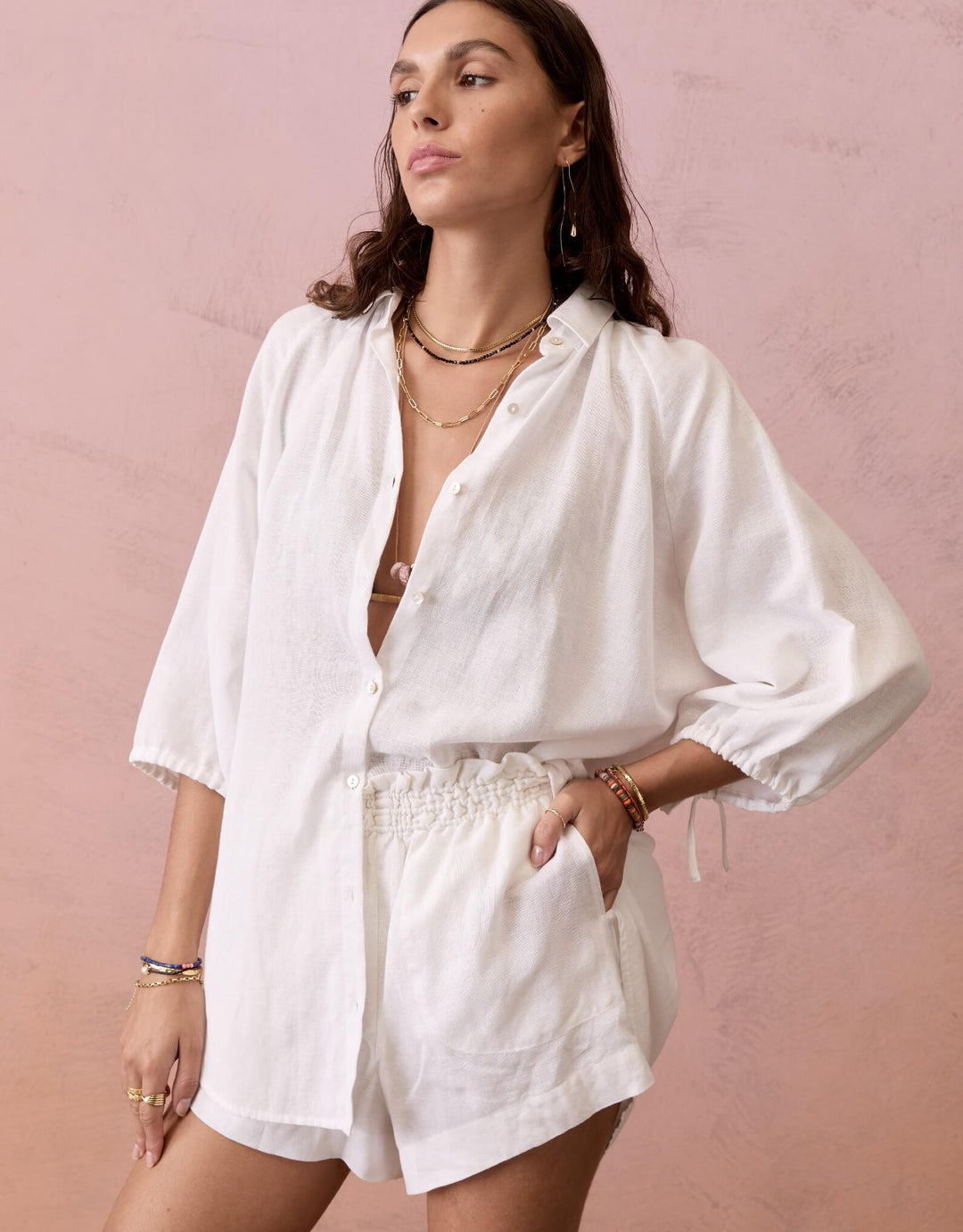 BOTEH white cotton-linen over sized shirt and beach short