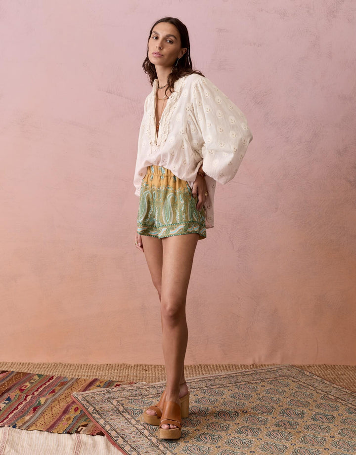 BOTEH Lucent Minimal Short in Amber linen with paisley print, elastic waist, and side pockets