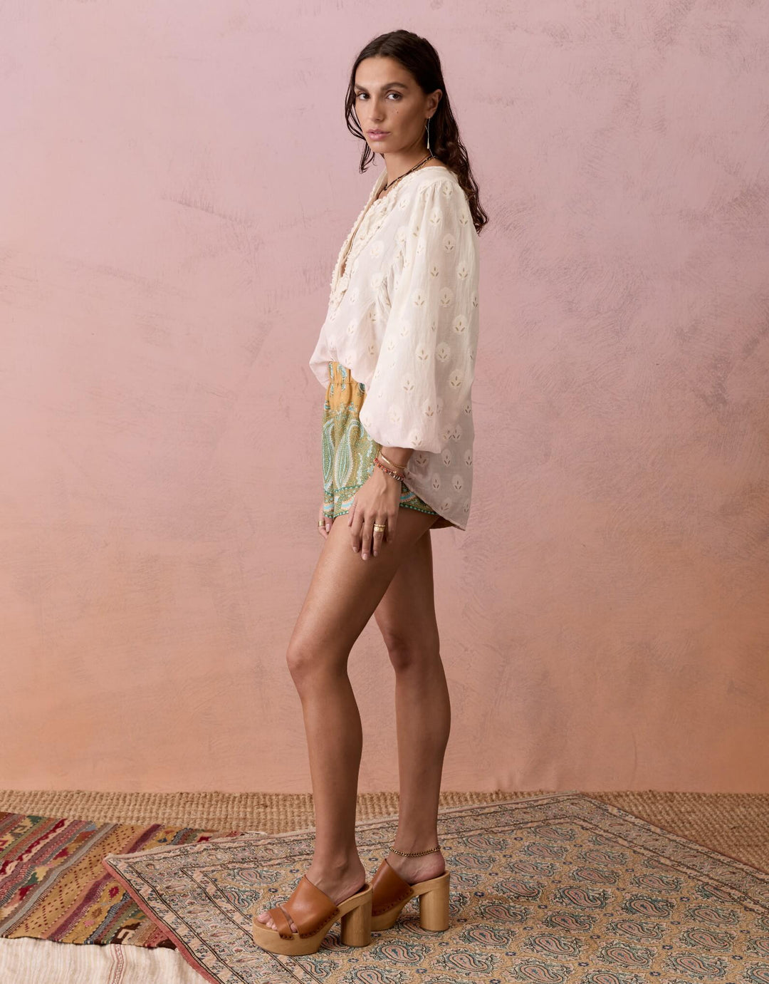 BOTEH Lucent Minimal Short in Amber linen with paisley print, elastic waist, and side pockets