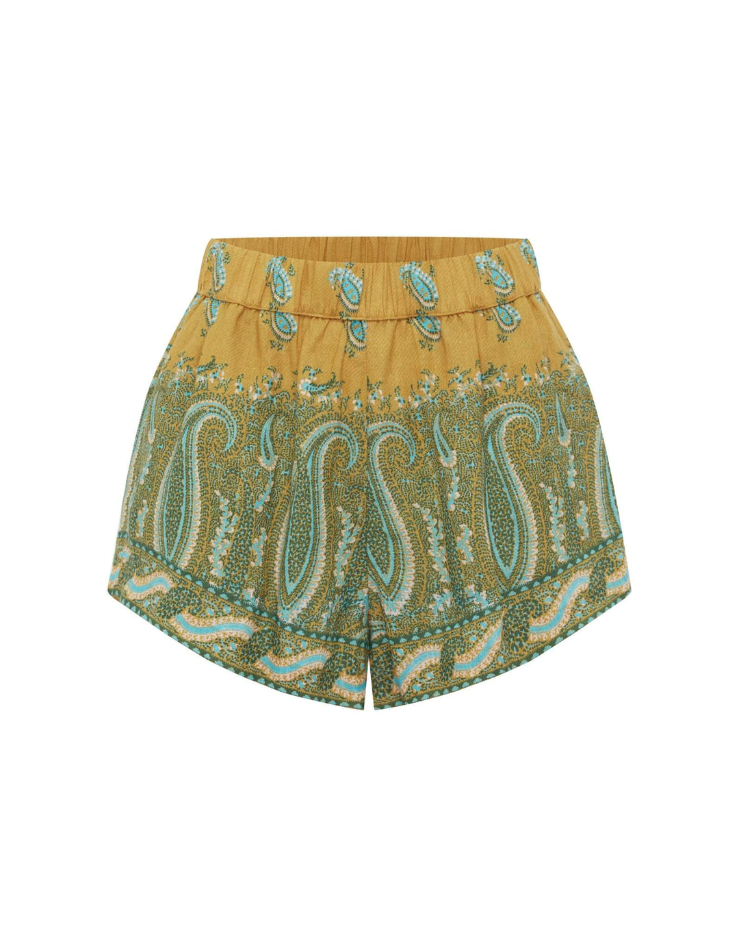 BOTEH Lucent Minimal Short in Amber linen with paisley print, elastic waist, and side pockets