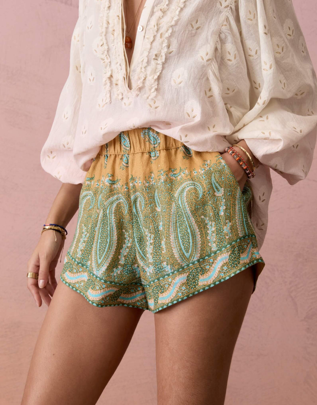 BOTEH Lucent Minimal Short in Amber linen with paisley print, elastic waist, and side pockets