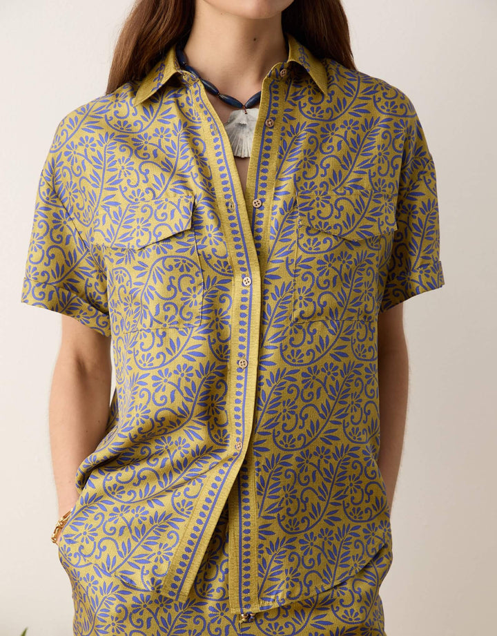 BOTEH Verve Boy Shirt w Cuff Chartreuse silk twill print detail