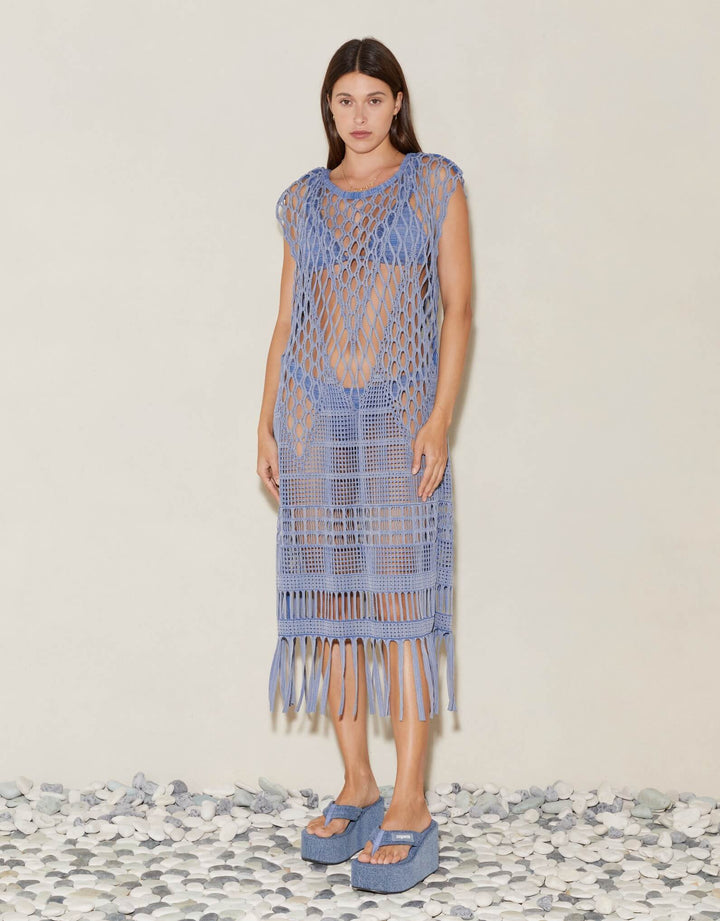 Boteh Ionia Jacquard Macrame Blue Tunic Designer Resort Wear