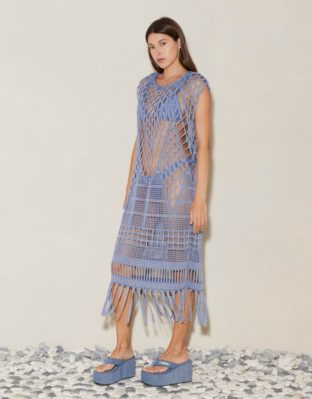 Boteh Ionia Jacquard Macrame Blue Tunic Designer Resort Wear