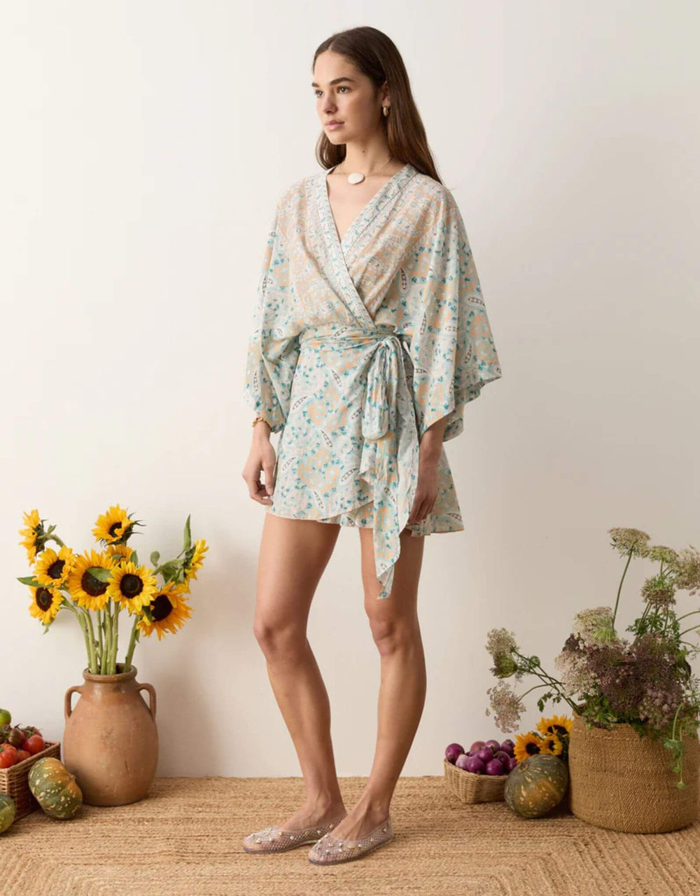 Boteh Kynthos Flared Robe Dress Chalky Pastels — full body front