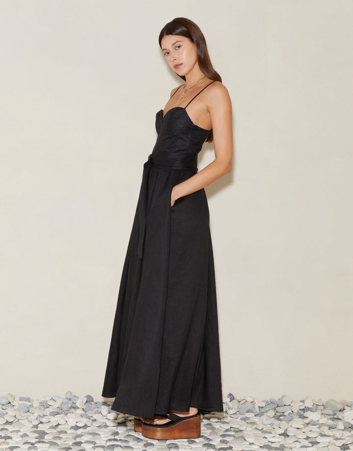 Boteh Alfresco Bodice Linen Maxi Dress Black