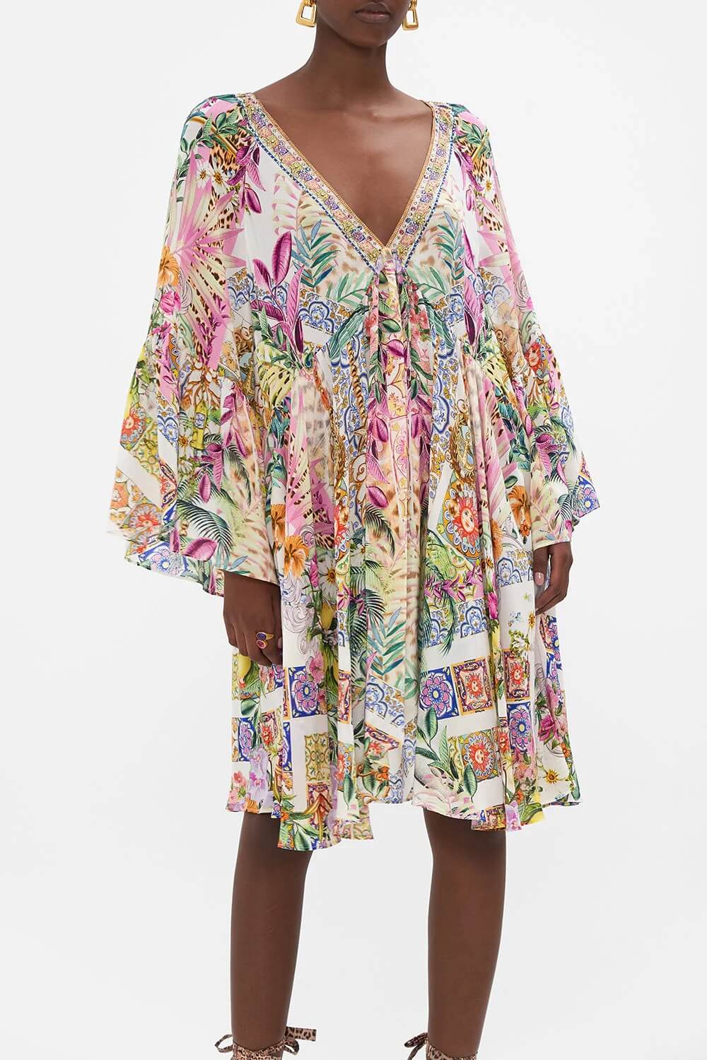 Camilla A Line Ruffle Sleeve Silk Floral Dress
