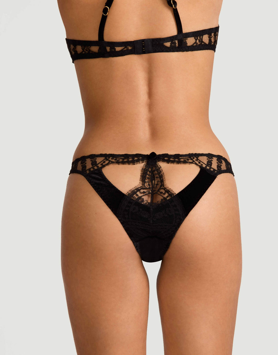 Coco de Mer Kiana Open Brief in black lace and velvet with open-back design – at Catriona