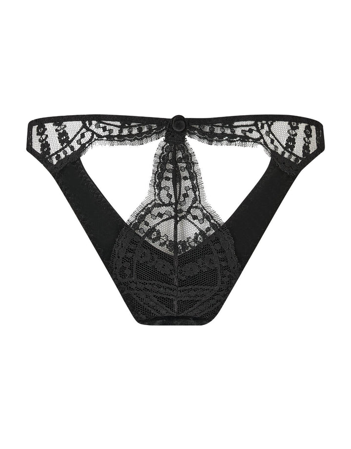 Coco de Mer Kiana Open Brief in black lace and velvet with open-back design – at Catriona