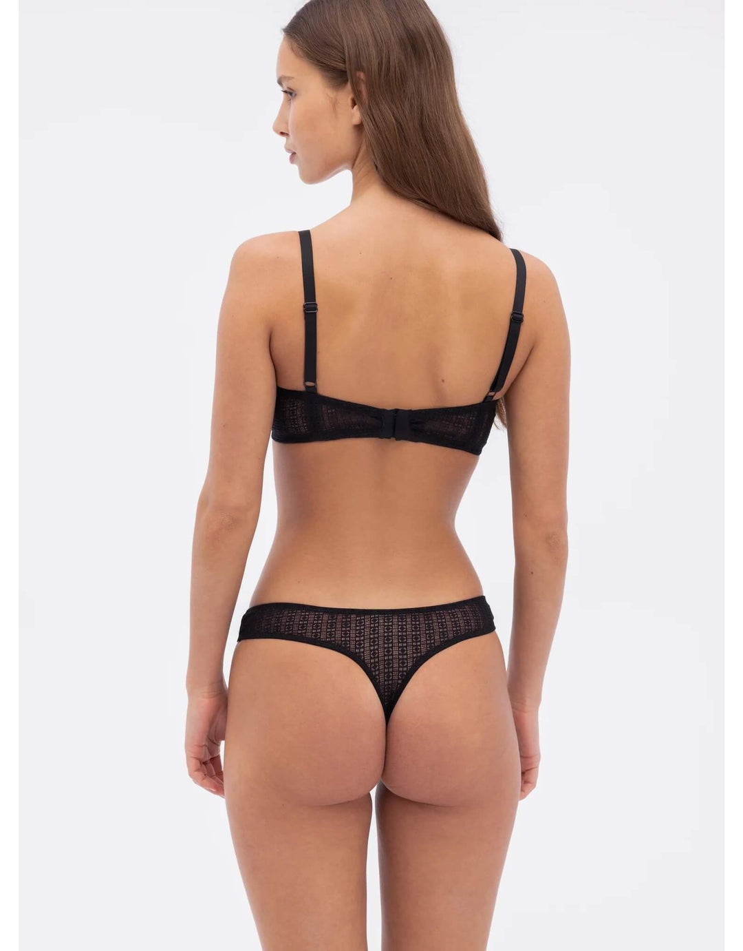 Else Matrix Thong in black with soft microfibre front and sustainable geometric lace