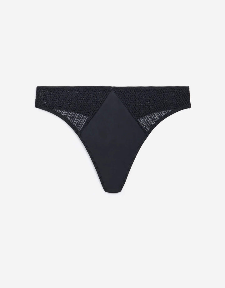 Else Matrix Thong in black with soft microfibre front and sustainable geometric lace