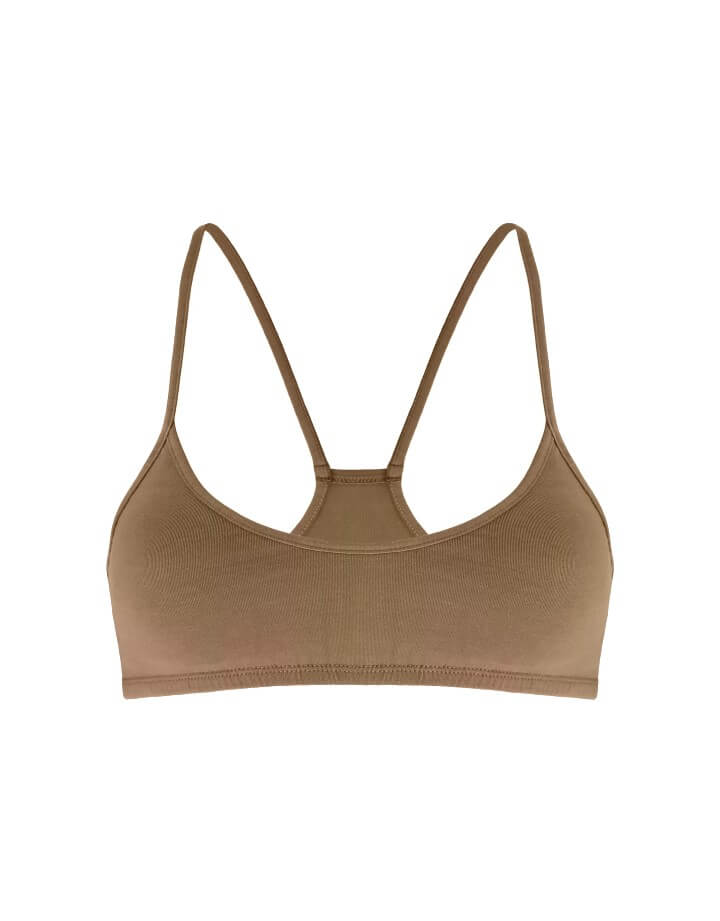 Essentials for Zula Franca racer-back bralette caramel front