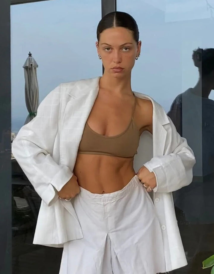 Essentials for Zula Franca racer-back bralette caramel front