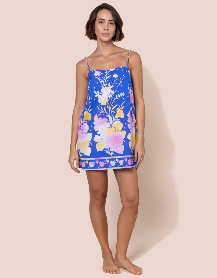 Juliet Dunn Electric Blue floral print mini dress with tie straps