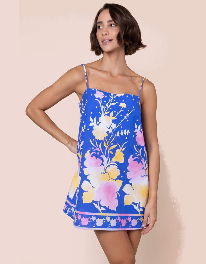 Juliet Dunn Electric Blue floral print mini dress with tie straps