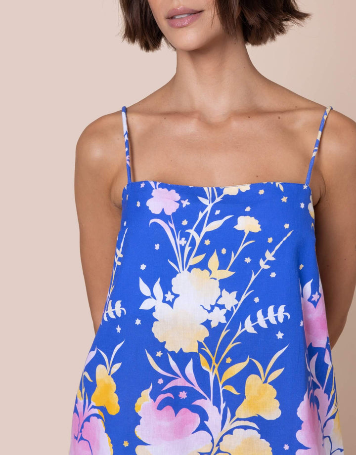 Juliet Dunn Electric Blue floral print mini dress with tie straps