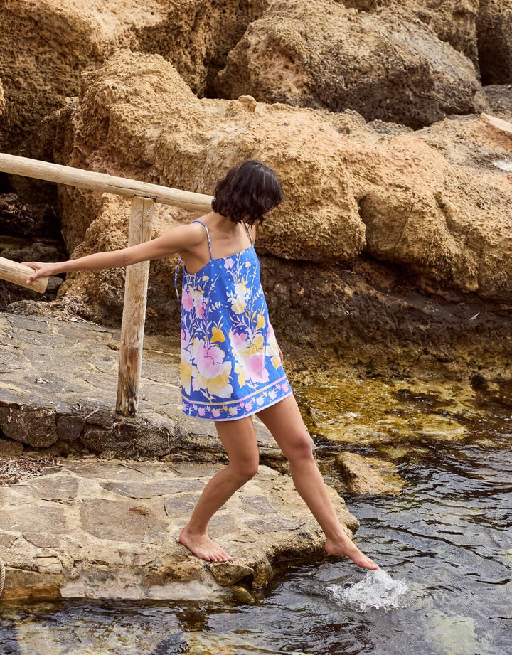 Juliet Dunn Electric Blue floral print mini dress with tie straps