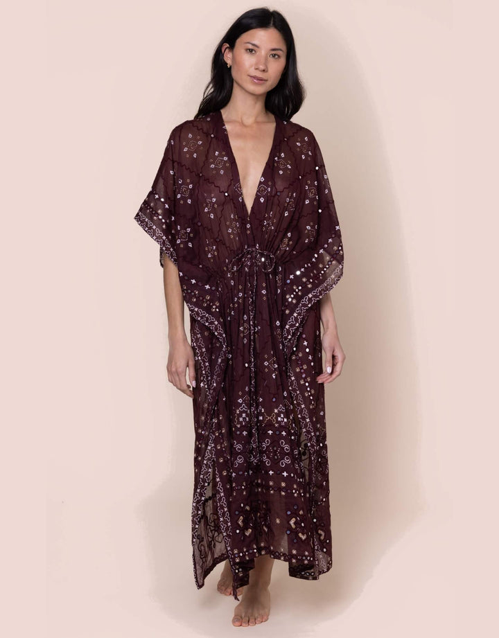 Juliet Dunn Mirrored Mosaic print kimono in Black Cherry