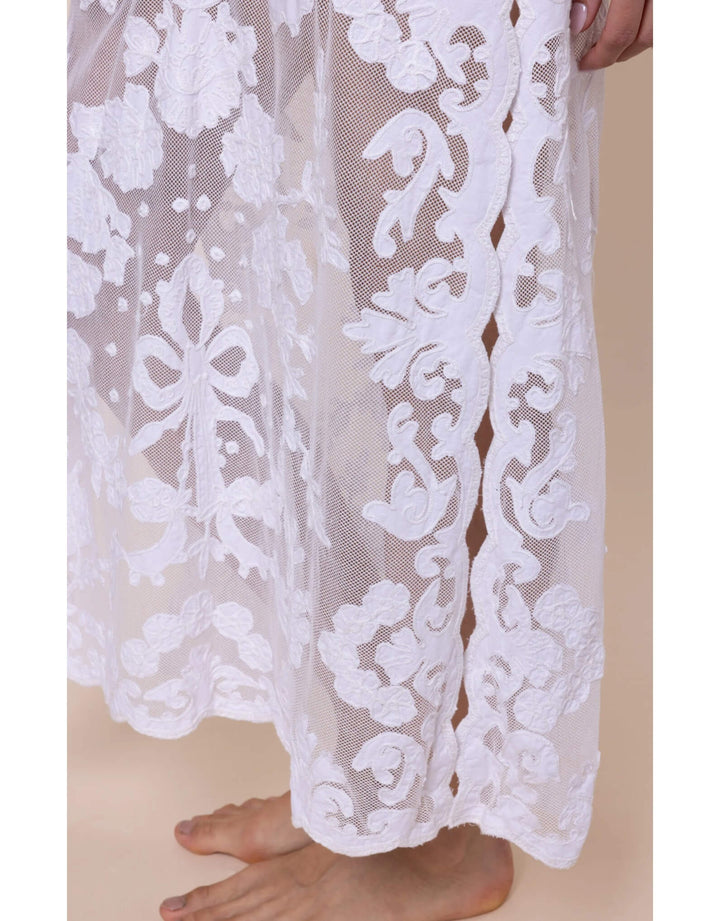 Juliet Dunn white net dress with bow embroidery and scalloped edging