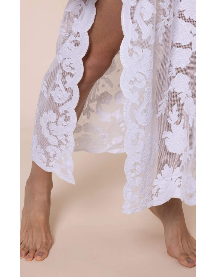 Juliet Dunn white net dress with bow embroidery and scalloped edging