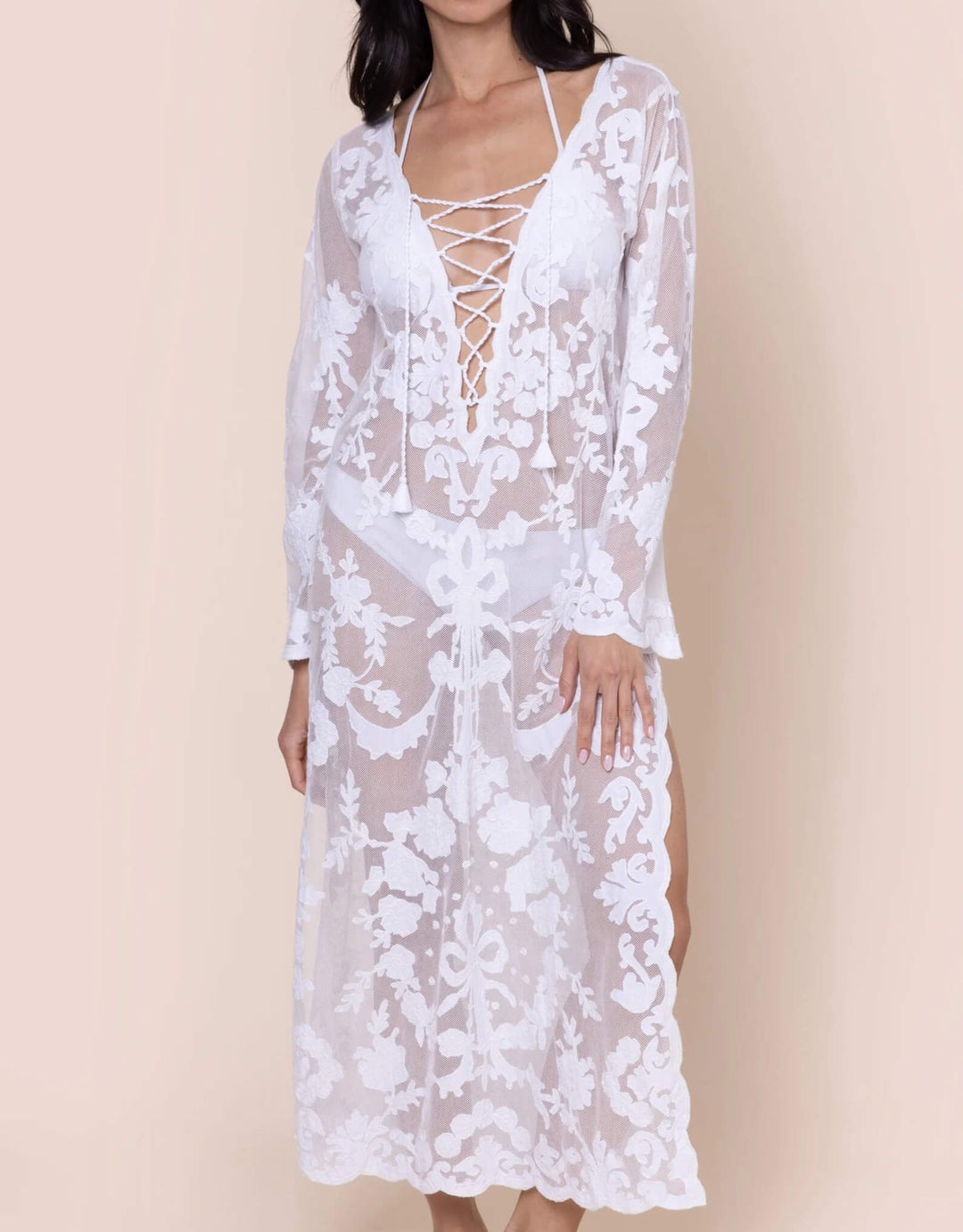 Net Lace Up Kaftan in White Bow Embroidery