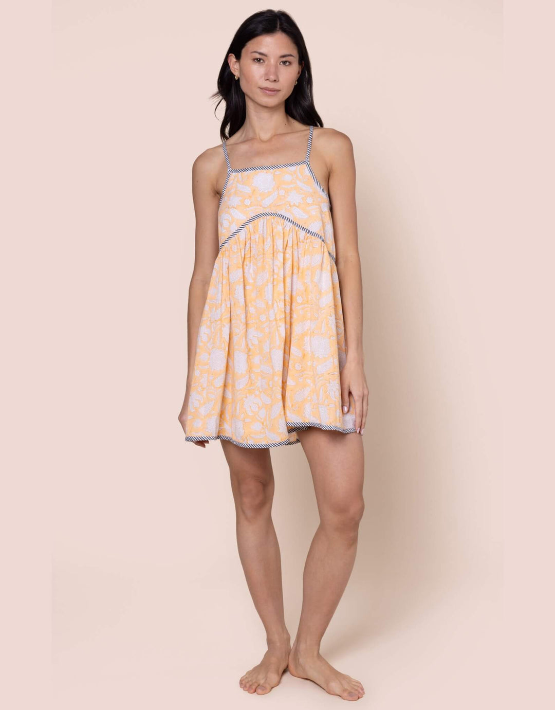 Juliet Dunn pomegranate block print cotton dress in Papaya with loose skirt