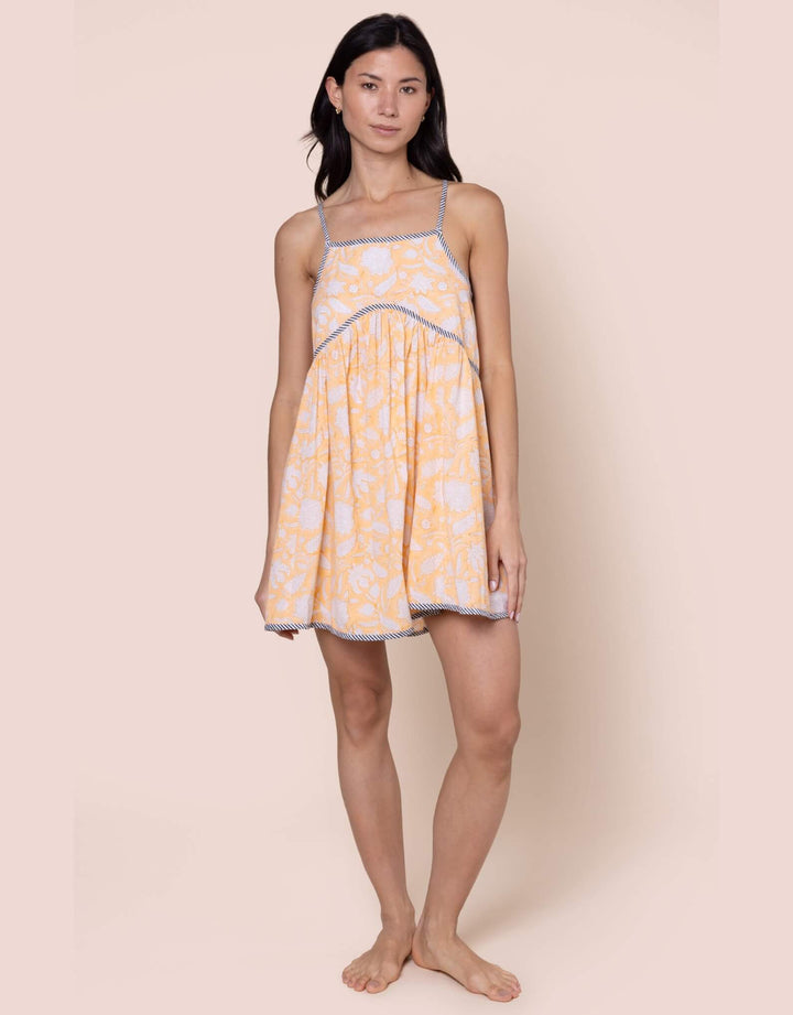 Juliet Dunn pomegranate block print cotton dress in Papaya with loose skirt