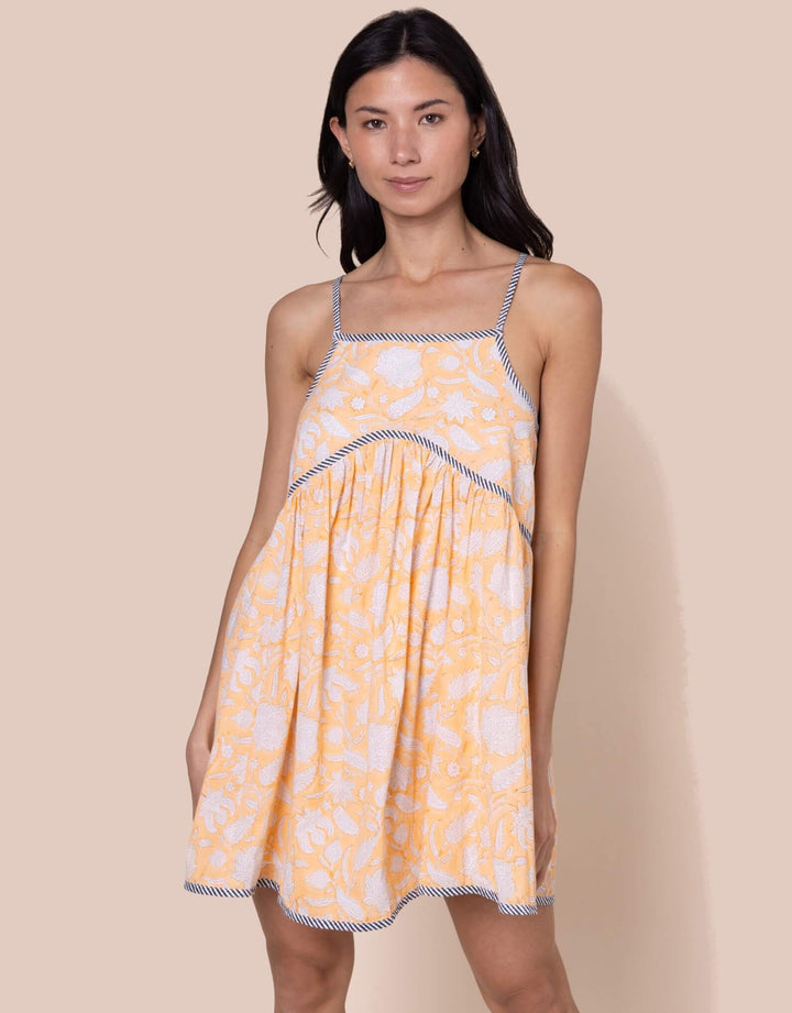 Juliet Dunn pomegranate block print cotton dress in Papaya with loose skirt