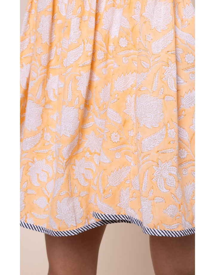 Juliet Dunn pomegranate block print cotton dress in Papaya with loose skirt