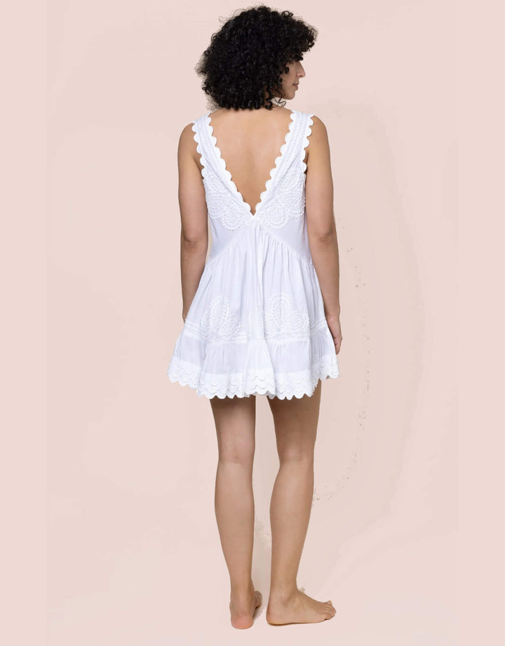 Juliet Dunn white V-back mini dress with ric rac embroidery
