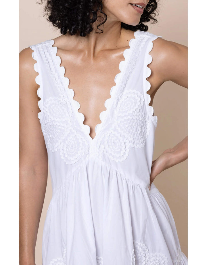 Juliet Dunn white V-back mini dress with ric rac embroidery