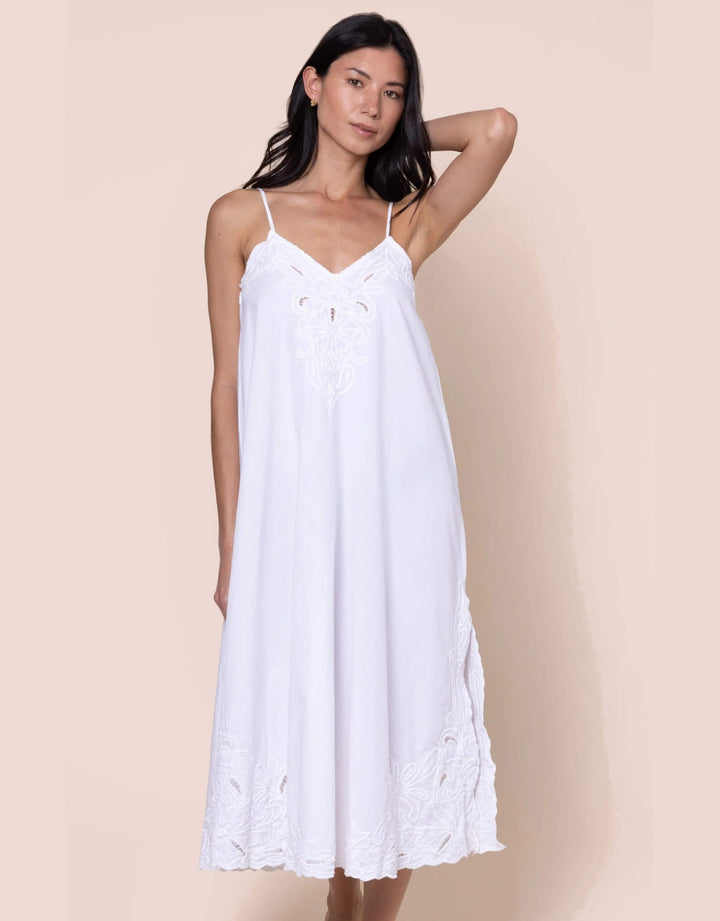 Juliet Dunn white midi slip dress with cut-out embroidery