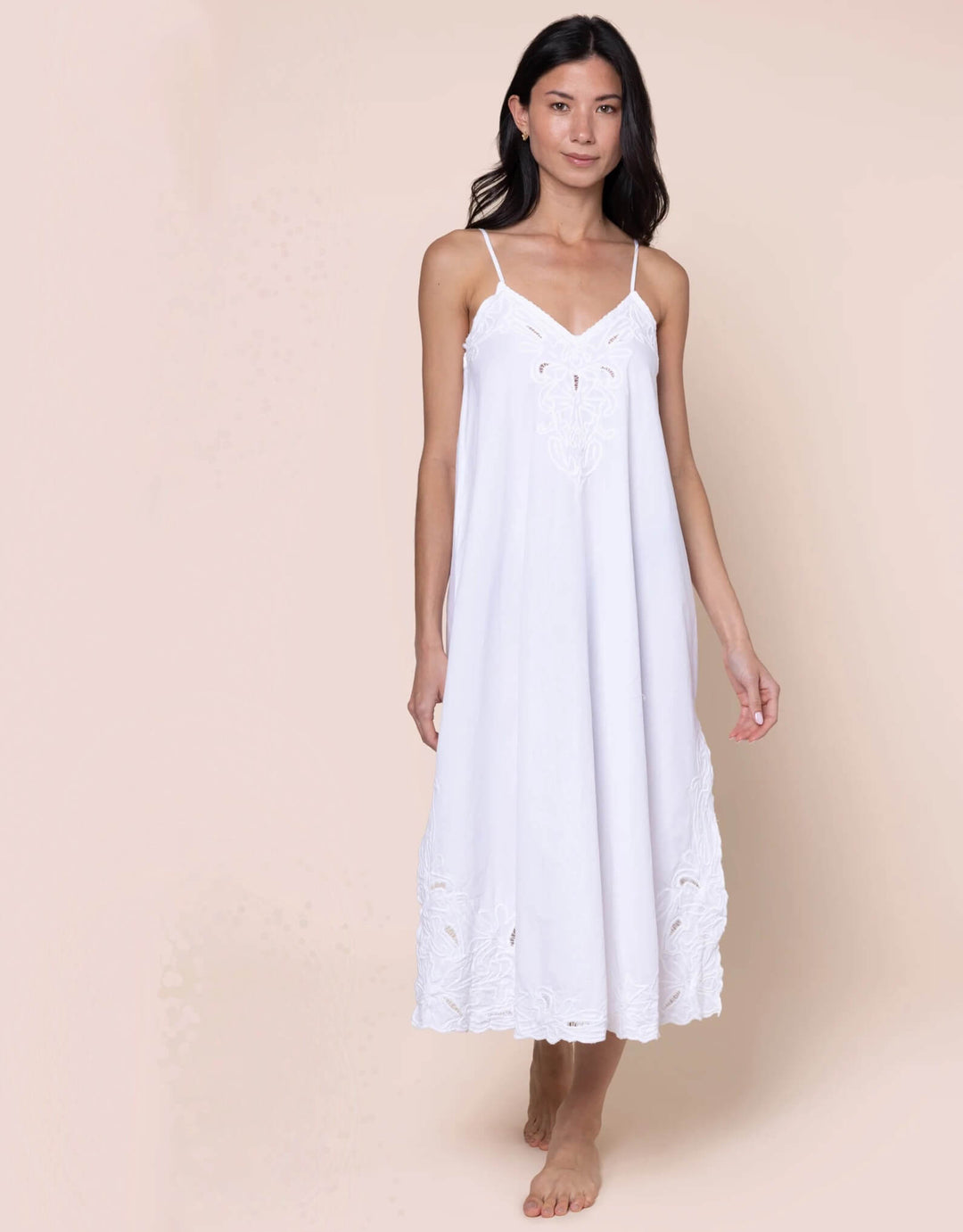 Midi Cotton Slip Dress with Cut Out Embroidery White